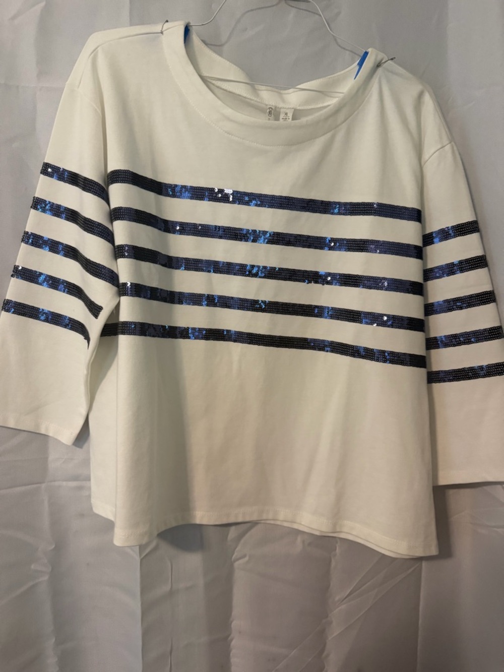 Cato White Short Sleeve Tee with Navy Sequin Stripes